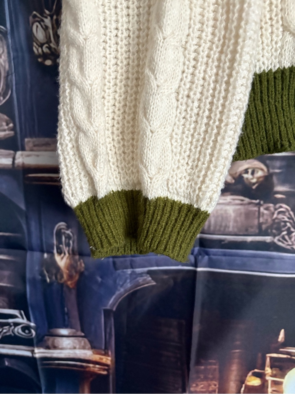 T.S. Evermore Cream Cable Knit Cardigan with Olive Trim - Picture 4 of 7